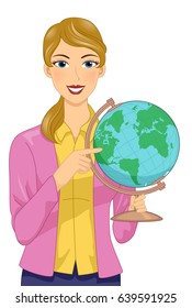 Illustration of a Girl Teaching Pointing to a Place in North America using a Globe