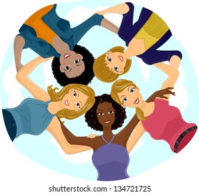 Illustration Of A Girl Team Huddle, View From Below