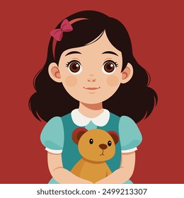 Ilustración de una niña con un oso de peluche. Ilustración vectorial de una niña y un oso de peluche marrón