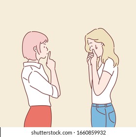 Illustration of a Girl Telling a Talkative girl to Keep Quiet. Hand drawn style vector design illustrations.