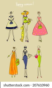 Illustration of a girl. Template for design and decoration set