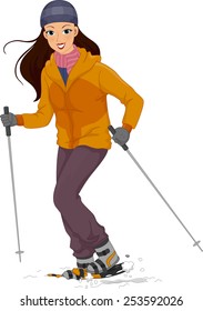 Illustration of a Girl in Thick Winter Clothing Walking on the Snow