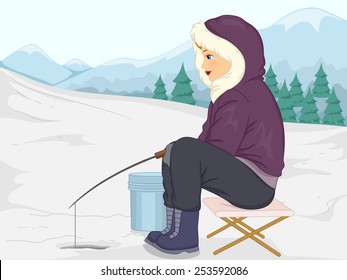 Illustration of a Girl in Thick Winter Clothing Fishing in the Ice
