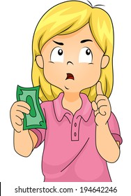 Illustration of a Girl Thinking to Herself While Holding a Paper Bill