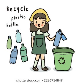 Illustration of a girl throwing trash into the dustbin for recycle, drawing style illustration