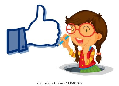 illustration of a girl and thumb on a white background