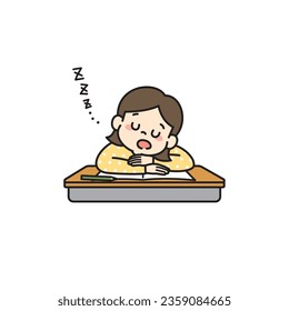 Illustration of girl tired studying and sleeping on her desk