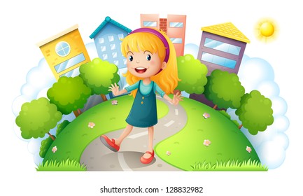 Ilustração de uma menina no topo da colina com edifícios sobre um fundo branco