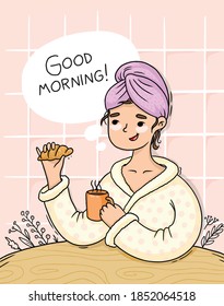 Illustration girl in towel with coffee having a good morning