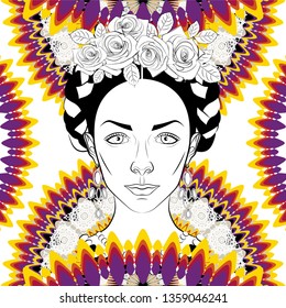 illustration of a girl with a traditional Mexican hairstyle, can be used as a seamless pattern