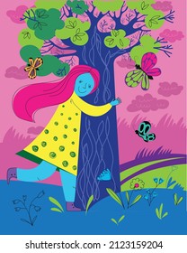 Illustration. Girl and tree on an abstract background
