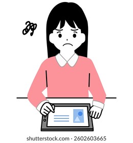 Illustration of a girl in trouble while studying on a tablet