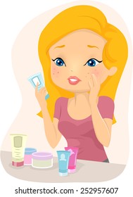 Illustration of a Girl Trying to Figure Out What Caused Her Acne Breakout