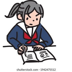Illustration of a girl trying hard to study