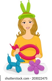 Illustration of a Girl Twisting Balloons into Different Shapes