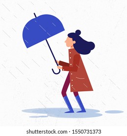 Illustration of a girl with an umbrella. Vector character goes in the rain and holds a blue umbrella. For printing on paper or clothing. Web banner. Picture for book design.