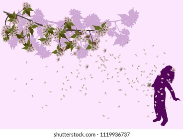 illustration with girl under spring tree blossom