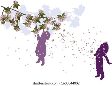 illustration with girl under spring tree blossom