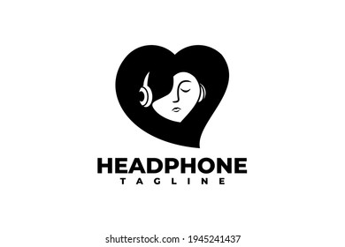 illustration of a girl using a headphone. love music logo vector illustration template.