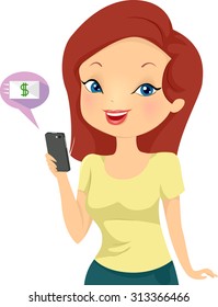Illustration of a Girl Using Her Mobile Phone to Make Online Transactions