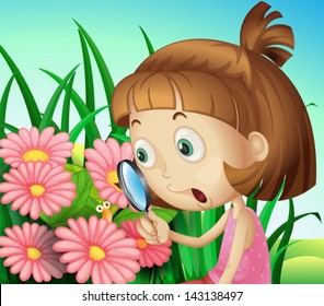 Illustration of a girl using a magnifying glass at the garden