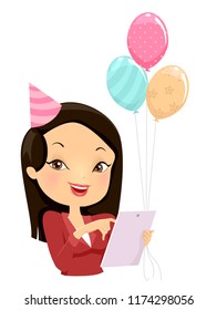 Illustration of a Girl Using a Tablet Computer with Party Hat and Colorful Birthday Balloons as an Event Coordinator