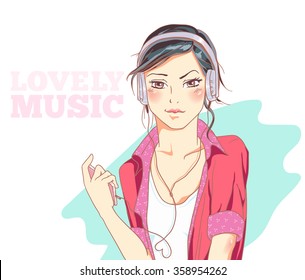 Illustration girl vector listening to music on headfhones. Lovely music. Character design. Cute girl illustration. Template for design cards, notebook, shop, poster. 