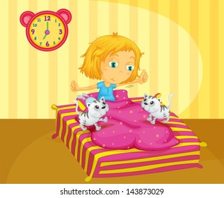 Illustration of a girl waking up at the bed with two kittens