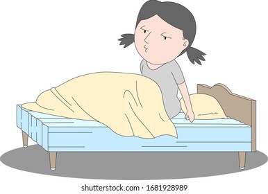 Illustration of a girl waking up with sleepy eyes in bed.