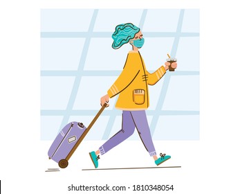 Illustration of a girl walking at the airport with a mask, luggage and coffee. Bright colours. Simple style. Thin strokes.