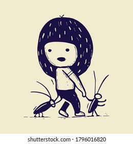 Illustration of a girl walking with cockroaches. Hand-drawn. Vector graphics for printing t-shirts and other purposes.