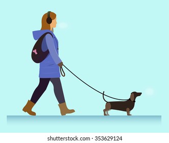 illustration girl walking with dachshund dog, cold weather