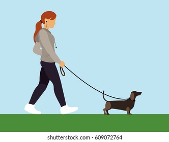 illustration girl walking with dachshund dog, cold weather