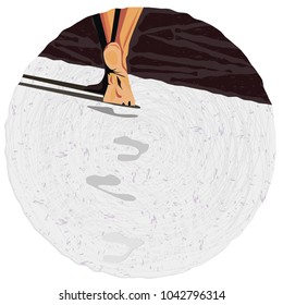 Illustration. Girl Walking On The Sand. Legs. Footprints. Circle Shape