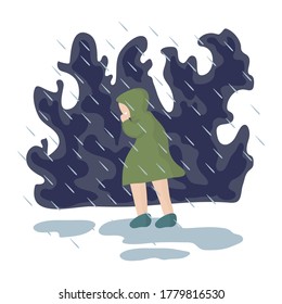 Illustration of a girl walking in the rain. The image shows a weather phenomenon, torrential rain. A woman is walking in a raincoat with a hood trying to hide from the rain. Vector illustration