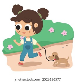 Illustration A girl walks with a dog in a public area.