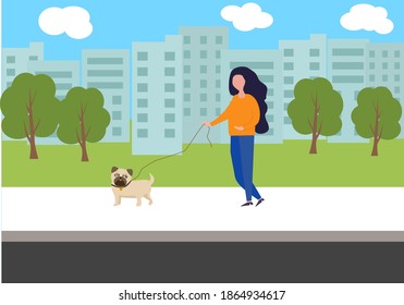 Illustration, a girl walks a pug on a city street. Flat cartoon vector banner.