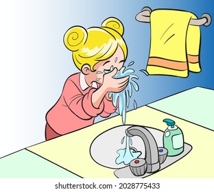 illustration of girl washing her face in bathroom