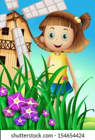 Illustration of a girl watching the flowers in the garden near the windmill