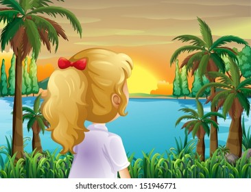 Illustration of a girl watching the sunset at the riverbank