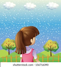 Illustration of a girl watching the trees with fruits