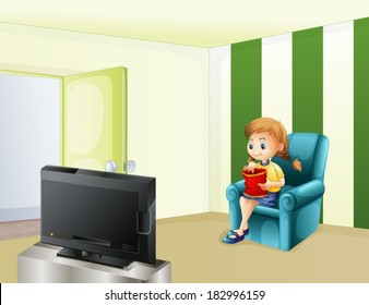 Illustration of a girl watching TV while eating