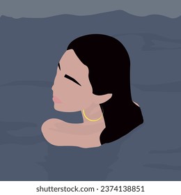 Illustration of a girl in the water. A dark-haired girl with long hair and gold hoop earrings. Design for avatars, posters, backgrounds, templates, banners, textiles, cards.