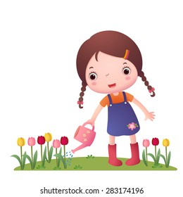 illustration of a girl watering flowers on a white background