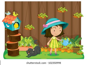 Illustration of a girl watering plants