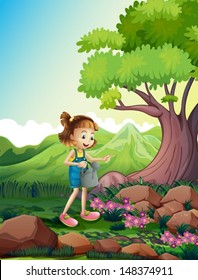 Illustration of a girl watering the plants near the rocks