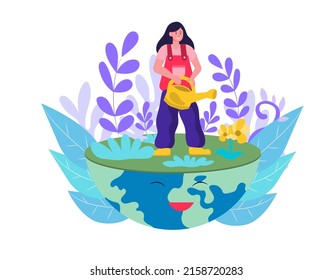 Illustration of a girl watering a tree It is to conserve the environment, prevent pollution, make it green. Clean up the ecosystem The world is a better place