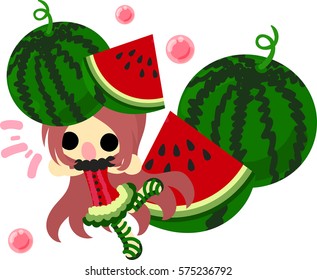 The illustration of the girl in the watermelon dress