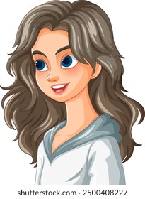 Illustration of a girl with wavy hair smiling