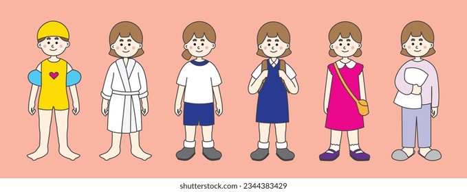 illustration of girl wear swimsuit, school uniform, going out outfit, and pajama, bathrobe, and sport uniform